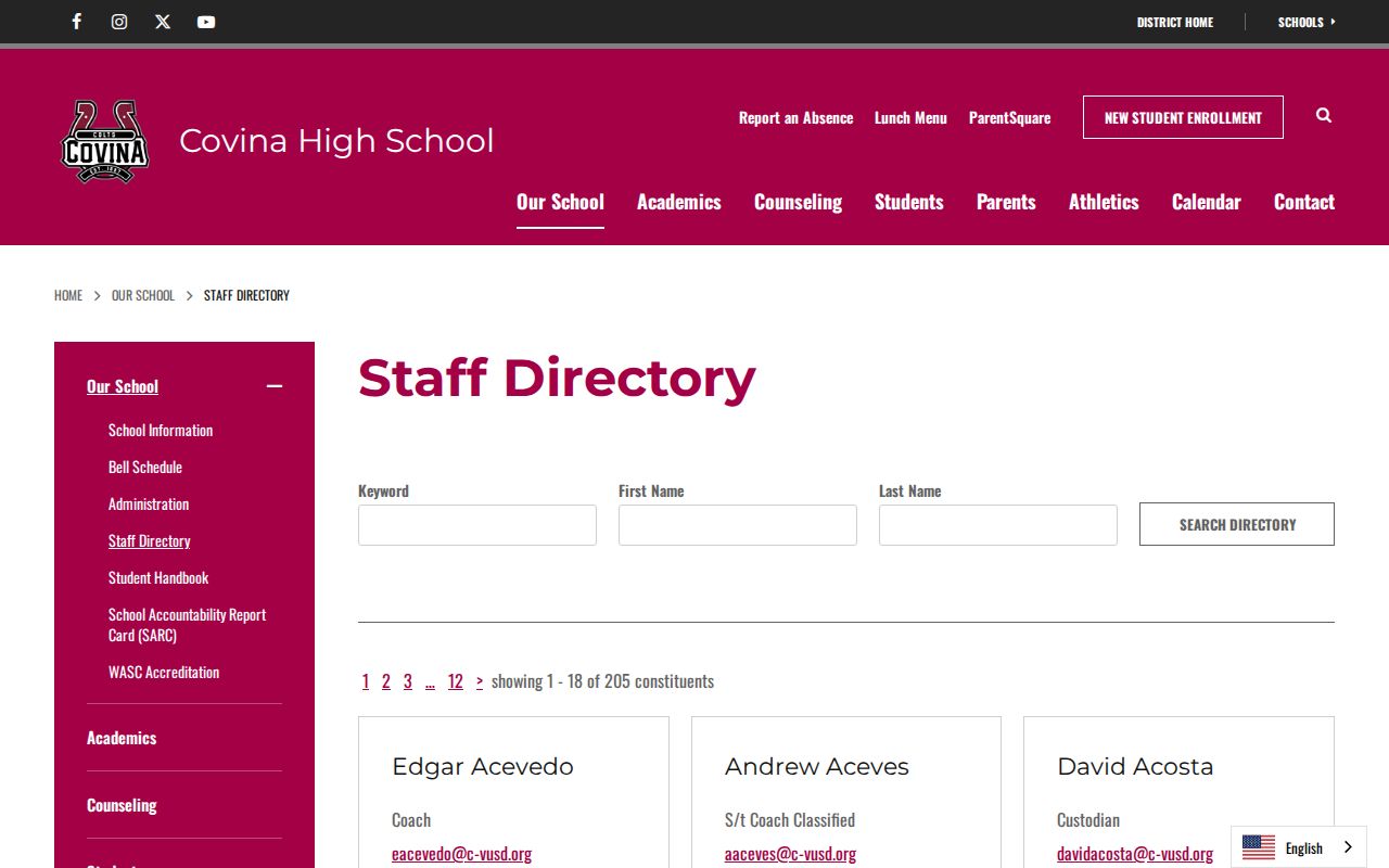 Covina High School staff directory with keyword, first name, last name, and pagination controls
