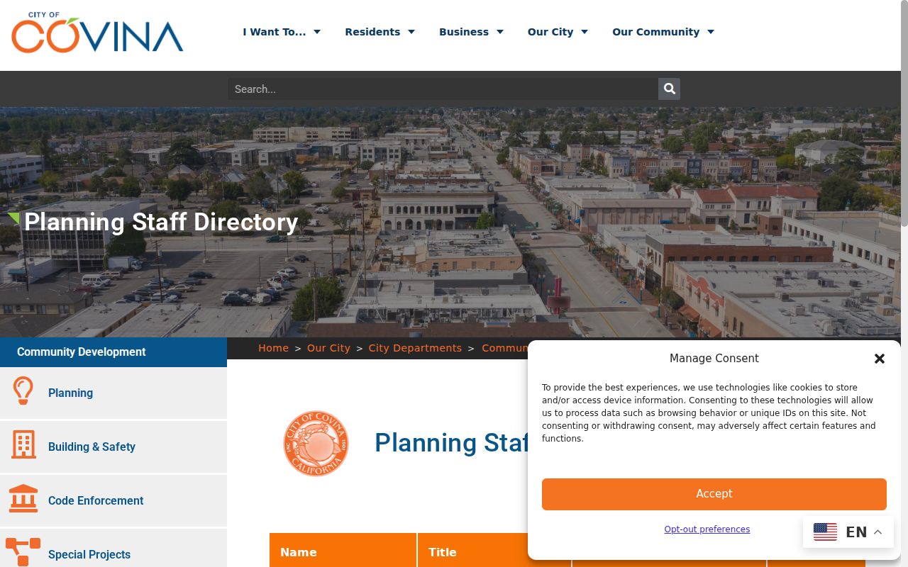 Covina Planning Staff Directory showing names, titles, email addresses, and phone numbers