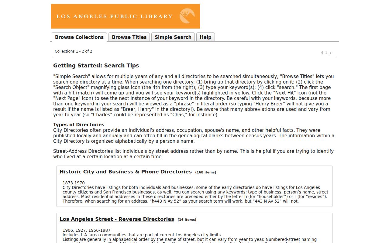LAPL ResCarta collection for historic city, business, phone, and street directories