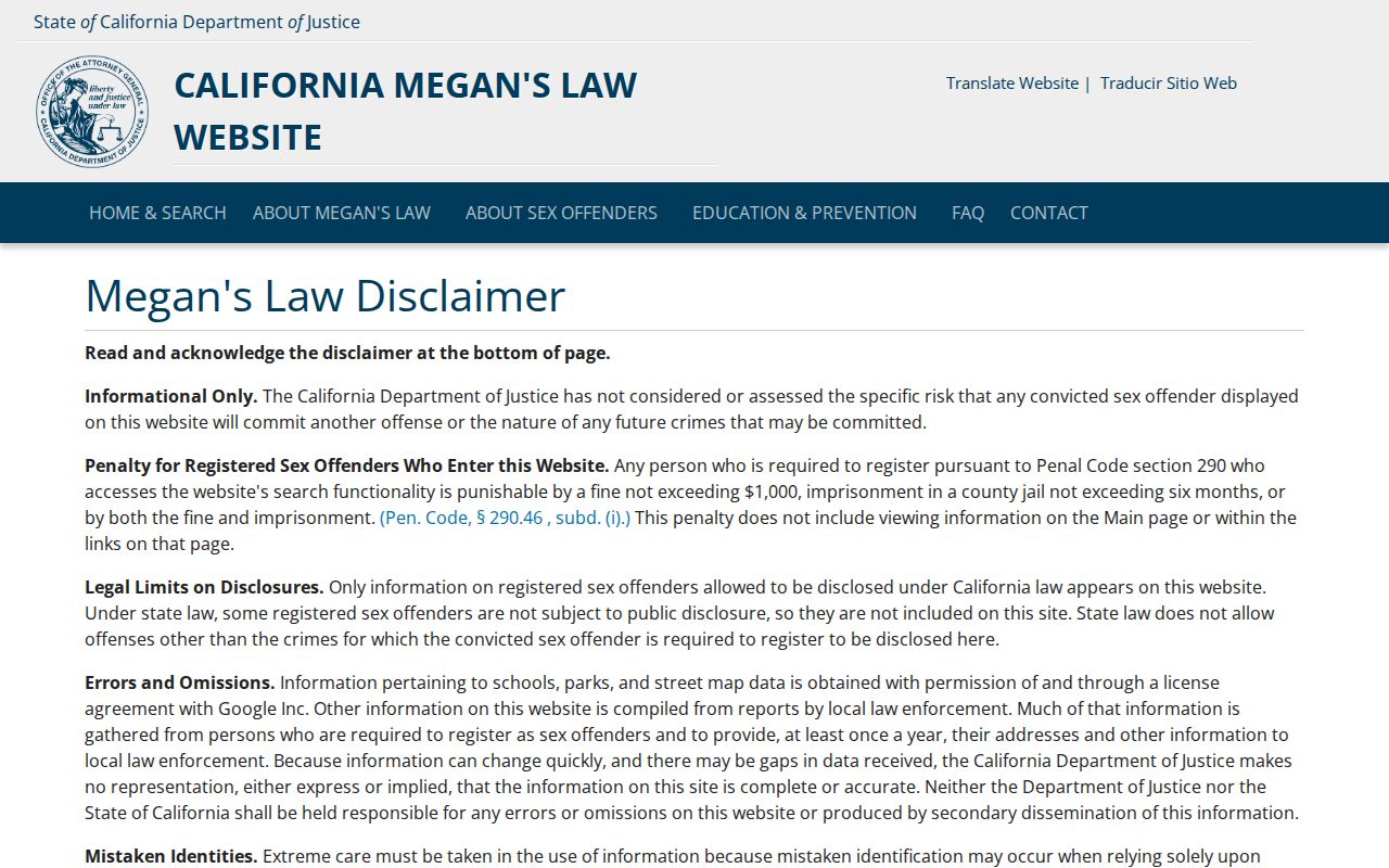 Covina public record access screenshot of California Megan's Law registry entry page