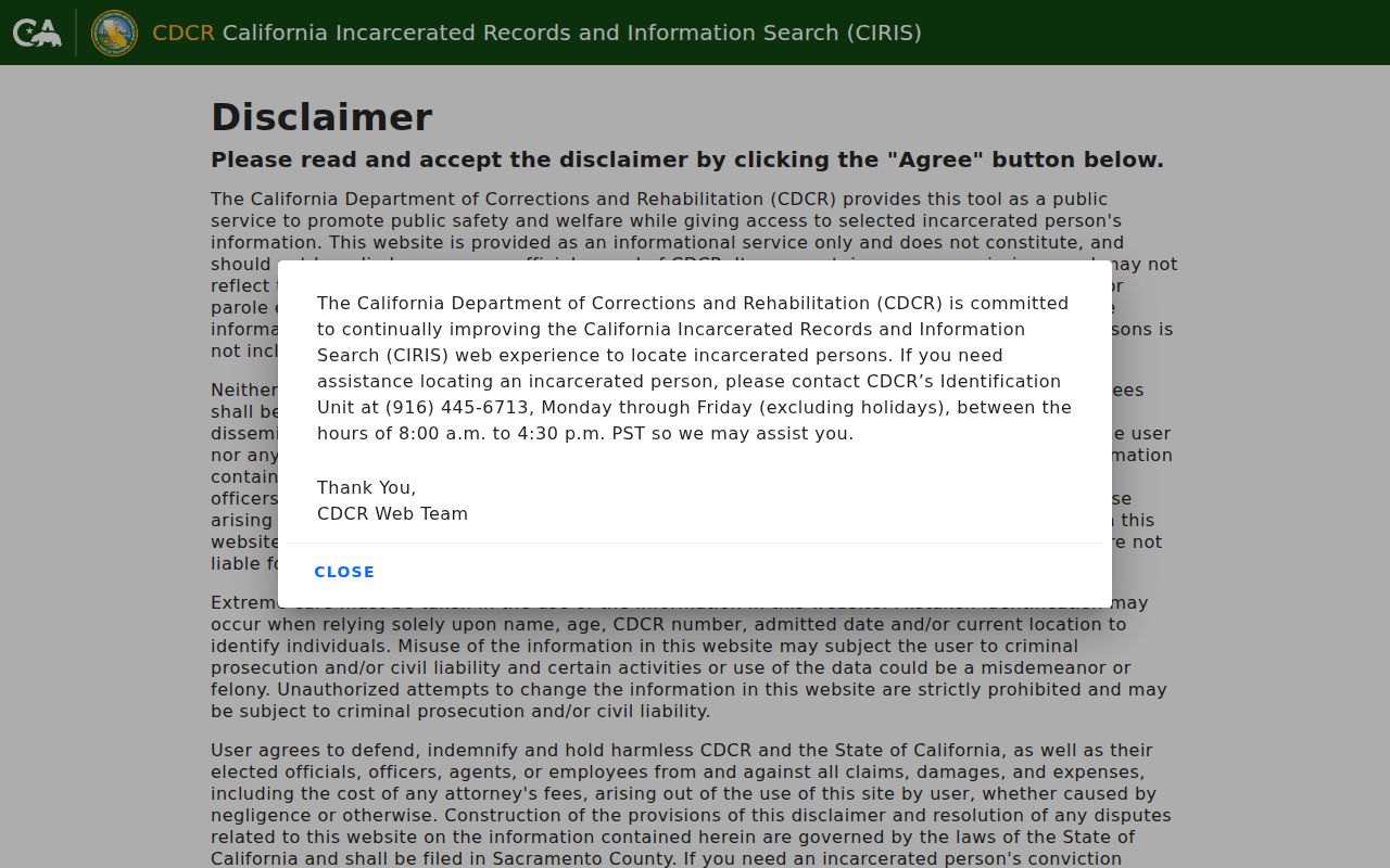 Covina public record access screenshot of CDCR CIRIS incarcerated records search