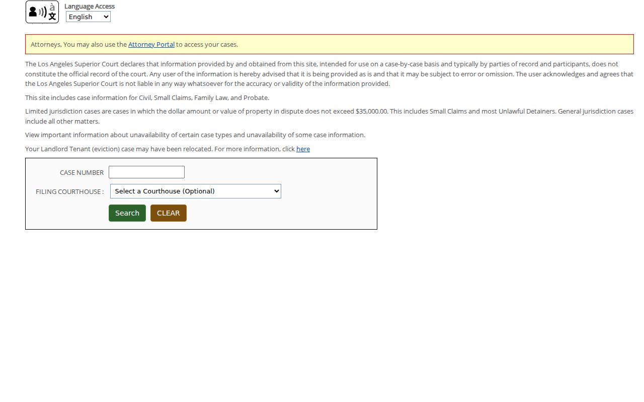 Covina public record access screenshot of Los Angeles Superior Court case summary search
