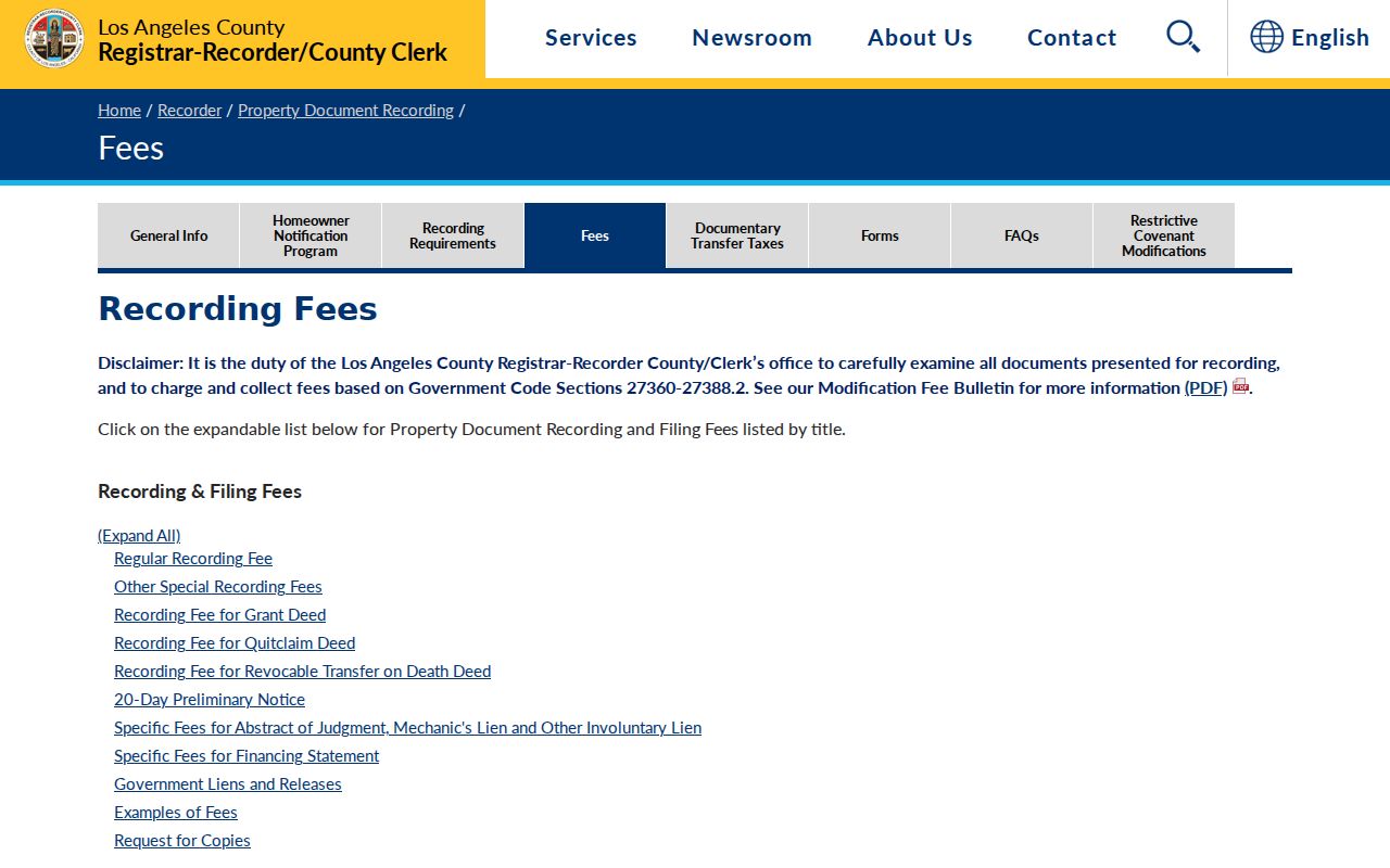 Covina public record access screenshot of Los Angeles County Recorder copy and recording fees