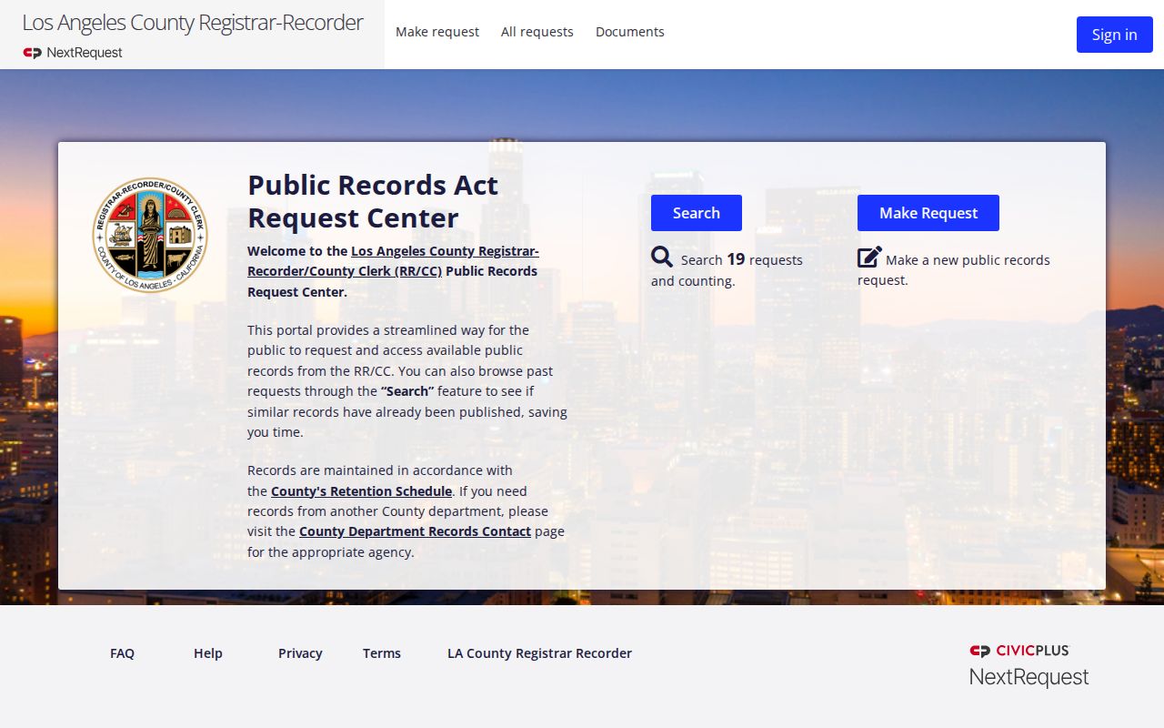 Covina public record access screenshot of RRCC records request center